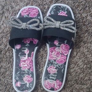 Juicy Couture Black Slides with Pink Floral Insole and Crystal Bow